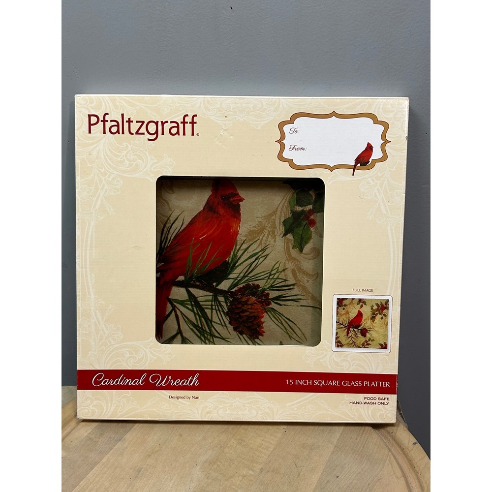Pfaltzgraff Cardinal Wreath 15 Inch‎ Square Glass Platter Food Safe Holiday